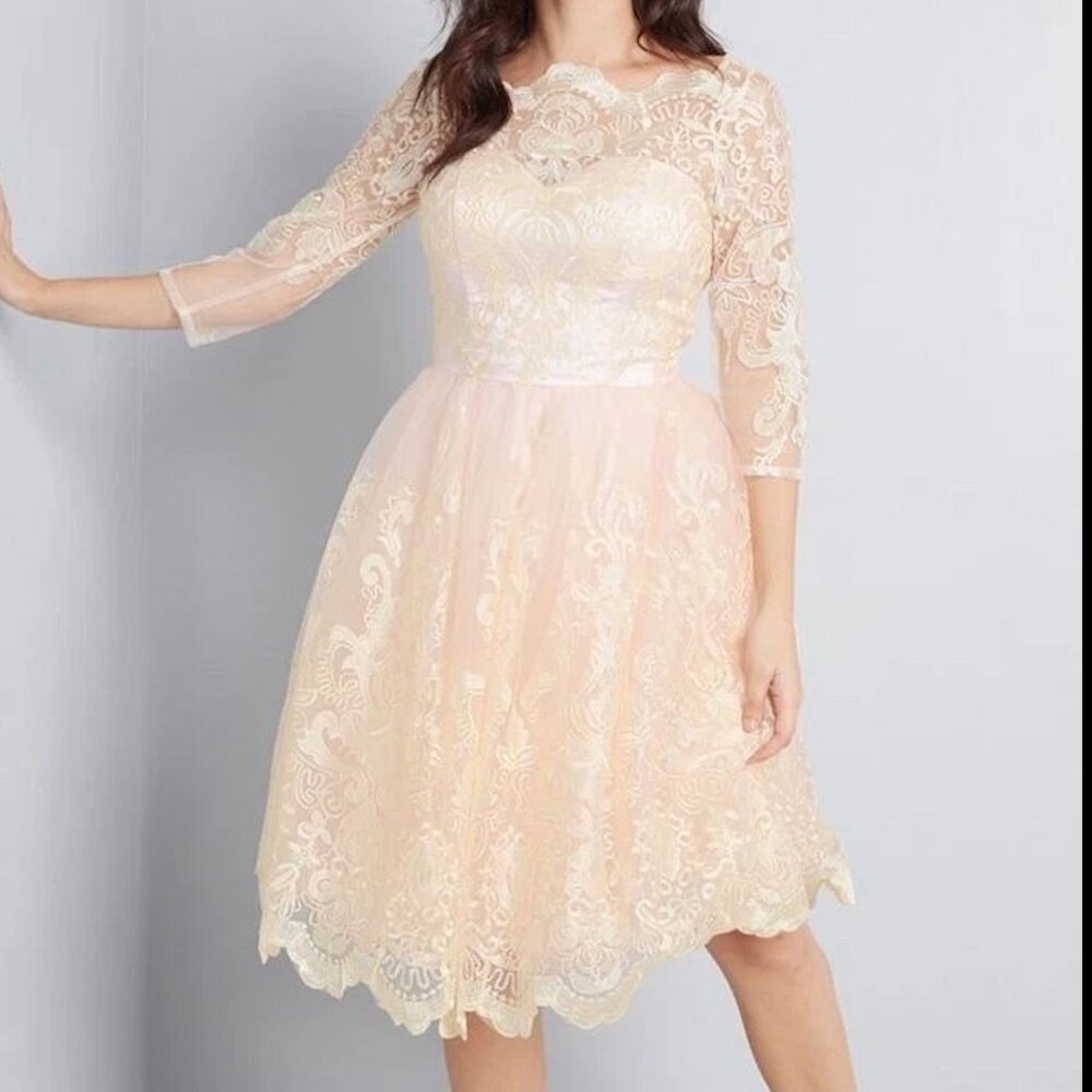 Chi Chi London / ModCloth Gilded Grace Midi Dress Pink w/ Champagne Lace